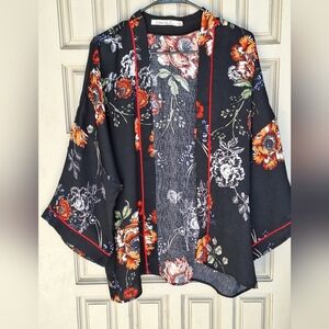 Floral Black Kimono Sleeve Cover Up Open Front Contrraast Piping